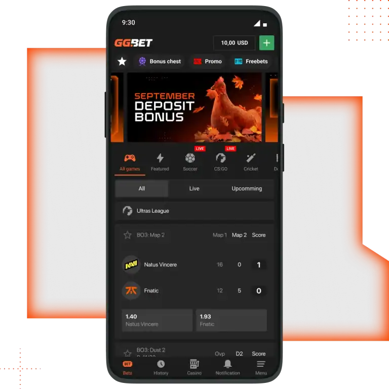 GGbet Casino App mobile interface with sports bett.